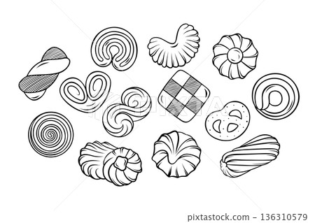 Vector collection of shortbread cookie varieties, classic cookies, crackers and kurabye in black and white icon style. For food illustration and culinary graphics 136310579