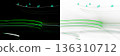 Flowing green wave lines with glowing particles isolated on transparent background for technology science and digital motion projects 136310712