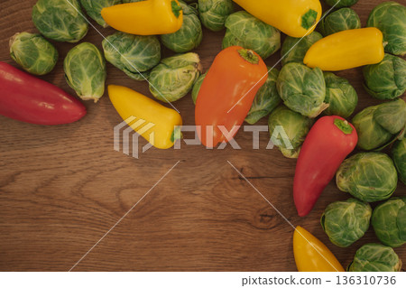 Top view of assorted fresh vegetables forming a border with copy space Top view of assorted fresh vegetables forming a border with copy space 136310736