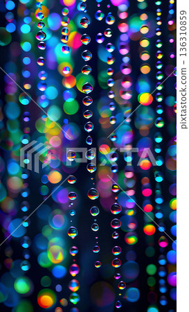 Vibrant rainbow streaks with water droplets. Diagonal streaks of vivid rainbow colors spread across the image, creating a mesmerizing pattern.  136310859