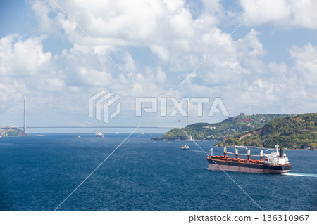 A scenic Bosporus landscape photography depicting a large cargo ship A scenic Bosporus landscape photography depicting a large cargo ship 136310967