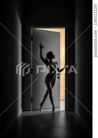 The silhouette of a graceful dancer in a dimly lit corridor. Silhouette of a female dancer elegantly poised in a narrow corridor. The dim lighting creates a dramatic contrast between her figure and th 136311229