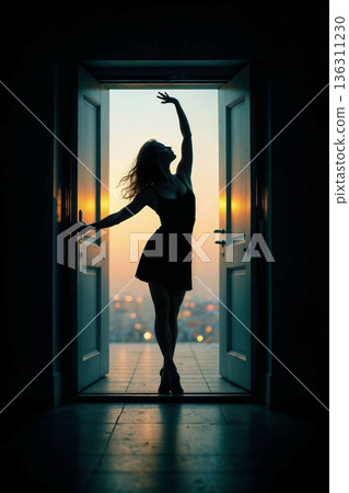The silhouette of a graceful dancer in a dimly lit corridor. Silhouette of a female dancer elegantly poised in a narrow corridor. The dim lighting creates a dramatic contrast between her figure and th 136311230