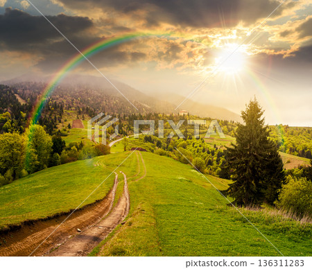 dirt road winding through green rolling hills at sunset. rural landscape in mountain range in evening light. countryside vista in spring. parks and outdoors travel destination. weather with rainbow dirt road winding through green rolling hills at sunset. rural landscape in mountain range in evening light. countryside vista in spring. parks and outdoors travel destination. weather with rainbow 136311283