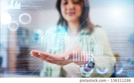 Business woman, hand and hologram earth for thinking, vision or chart for big data analysis, stats or stock market. Futuristic trading, 3D ux overlay and ideas for global financial growth at agency 136311286