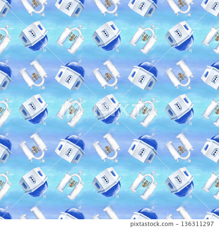 Seamless pattern of Greek domes and bell towers on a blue watercolor background. Watercolor illustration of national landmarks. Realistic template with architectural elements for wallpaper, booklets 136311297