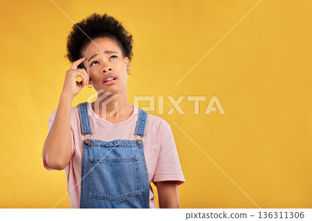 Mockup, thinking and woman confused, opportunity and solution against a yellow studio background. Female person, ideas and model with questions, decision and problem solving with doubt and choice 136311306