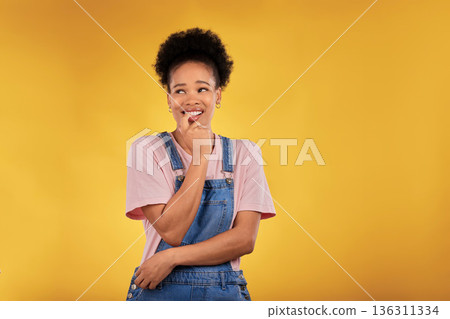 Nervous, black woman and biting nails in studio with oops reaction to gossip on yellow background. Mistake, sorry and female overwhelmed by fake news, drama or secret with regret, shame or awkward 136311334