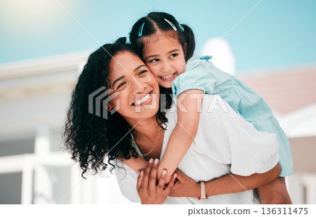 Happy, airplane and mom with her kid in the garden outdoor their family home for adventure. Playful, smile and young mother carrying her girl child on his back while bonding and playing together. Happy, airplane and mom with her kid in the garden outdoor their family home for adventure. Playful, smile and young mother carrying her girl child on his back while bonding and playing together. 136311475