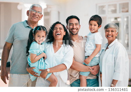 Big family, portrait and happy parents, kids and grandparents outdoor at house, home or backyard in summer. Group with children, smile and happiness of people bonding and quality time on vacation 136311481
