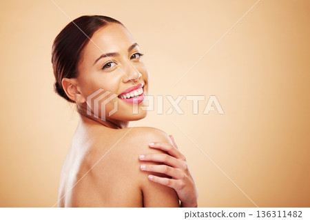 Portrait, mockup or happy woman with natural beauty in studio on brown background for wellness or glow. Facial treatment, body care or face of Brazilian girl model with self love, or skincare shine Portrait, mockup or happy woman with natural beauty in studio on brown background for wellness or glow. Facial treatment, body care or face of Brazilian girl model with self love, or skincare shine 136311482
