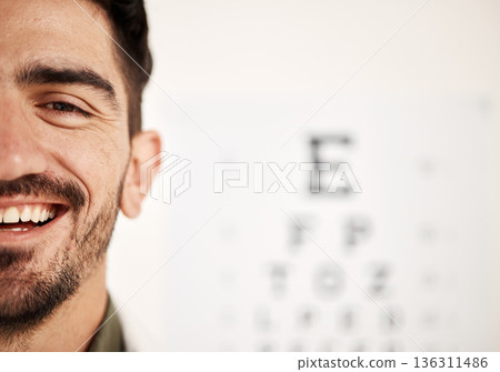 Face banner, optometrist and man with eye chart in hospital for vision, wellness or healthcare. Portrait, ophthalmologist and happy person with snellen graph, doctor smile or optician on mockup space 136311486