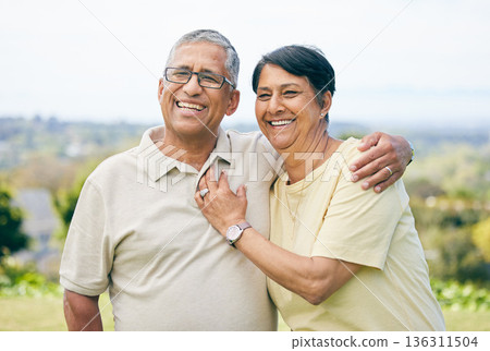 Smile, love and relax with old couple in garden park for retirement, happy and free time. Happiness, hugging and care with senior man and woman in nature for romance, bonding and wellness together 136311504