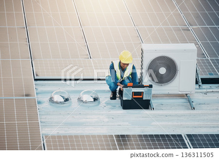 Air conditioner, roof and technician man tools, maintenance and solar panel, electrical power generator or energy saving. Electrician person or contractor for ac repair, electricity check or services 136311505