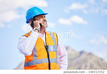 Architecture, construction and phone call in the city for building, planning and communication of worker with engineer. Cellphone, conversation and senior man and architect in project management 136311552