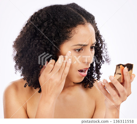 Woman, bag and eyes with mirror, studio and thinking for anti-aging, wellness or surprise by white background. Girl, model and stress to wow for wrinkles, beauty or cosmetic problem with facial youth Woman, bag and eyes with mirror, studio and thinking for anti-aging, wellness or surprise by white background. Girl, model and stress to wow for wrinkles, beauty or cosmetic problem with facial youth 136311558