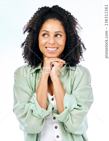 Thinking, smile and hope with a woman in studio isolated on a white background to wish or pray. Idea, dream and excited with a happy young female person looking or feeling positive in anticipation 136311561