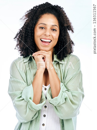 Face, confident and portrait of happy woman with smile isolated in a studio on white background. Biracial girl, relax or proud female person with a positive mindset, optimism or joy in casual clothes 136311567
