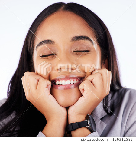 Smile, shy and hands on face of woman in studio for self love, thinking and memory against white background. Happiness, emoji and female with fingers on cheeks for goofy, expression or happy gesture Smile, shy and hands on face of woman in studio for self love, thinking and memory against white background. Happiness, emoji and female with fingers on cheeks for goofy, expression or happy gesture 136311585