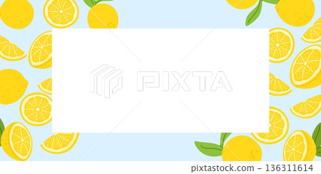 Advertising banner layout with frames made of ripe yellow lemons. Summer fruit whole and cut into slices. Blank board. Lemonade label. Citrons border. Fresh juice. Vector background Advertising banner layout with frames made of ripe yellow lemons. Summer fruit whole and cut into slices. Blank board. Lemonade label. Citrons border. Fresh juice. Vector background 136311614
