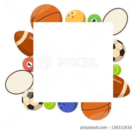 Advertising banner or poster featuring sports balls and equipment. Bowling sphere. Ping pong or tennis racquet. Professional athletic tournament. Football hardball. Vector background Advertising banner or poster featuring sports balls and equipment. Bowling sphere. Ping pong or tennis racquet. Professional athletic tournament. Football hardball. Vector background 136311616