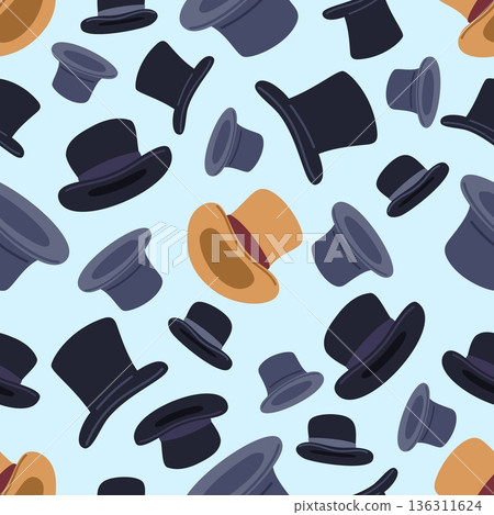 Antique multicolored mens headwear seamless pattern. Gentleman top hats. Old-fashioned cylinder. Repeated print. Male clothing. Dandy accessory. Ancient headgear. Vector background 136311624