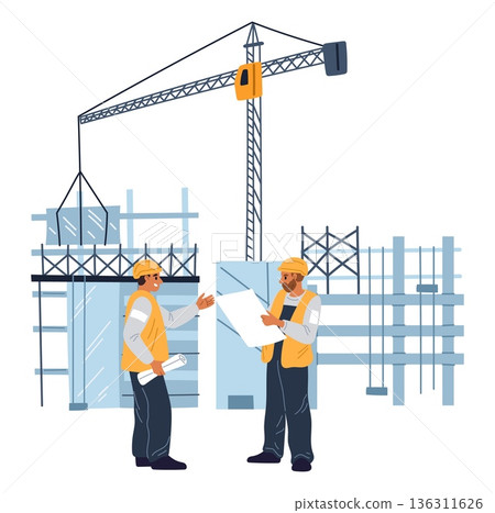 Architect at construction site. Workers discussing house design. Unfinished home. Housing development. Excavator crane. Engineers in uniform talking. Real estate building. Vector concept Architect at construction site. Workers discussing house design. Unfinished home. Housing development. Excavator crane. Engineers in uniform talking. Real estate building. Vector concept 136311626