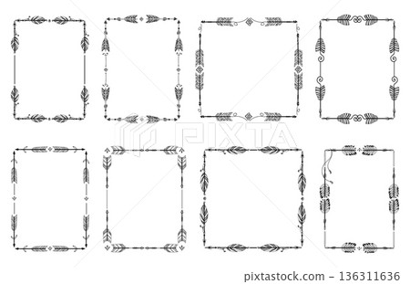 Dark arrow frames. Decorative square borders in Boho style. Doodle Indian archery drawings. Ornate feather. Bowman weapon. Outline arrowhead. Hunters bow. Tribal native design elements set 136311636