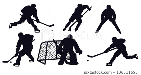 Hockey players black silhouette. Sportsman on ice with sticks and puck. Goalkeeper at gate. Team completion. Sport winter game. Professional athletes with clubs. Vector dynamic poses set Hockey players black silhouette. Sportsman on ice with sticks and puck. Goalkeeper at gate. Team completion. Sport winter game. Professional athletes with clubs. Vector dynamic poses set 136311653