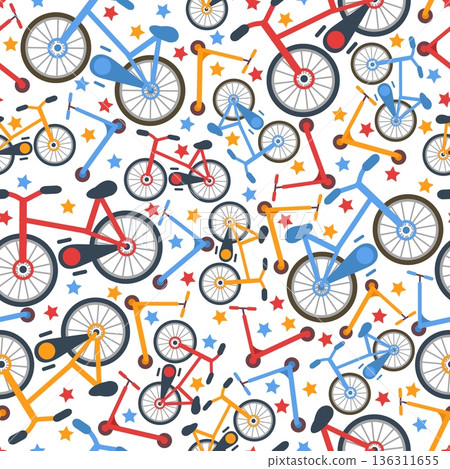Multicolored bikes seamless pattern. Adult or childrens bicycles and scooters. Childhood transportation. Repeated print. Tricycle for kids biking. City transport. Vector background 136311655