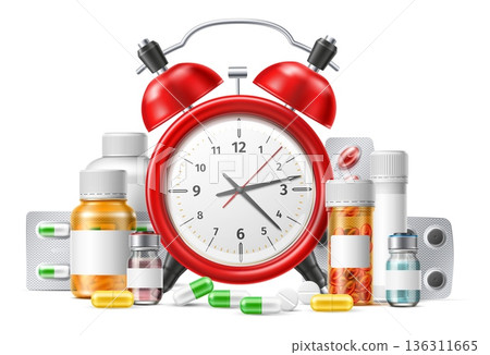 Realistic red alarm clock. Time to take pills and capsules. Plastic medicine packaging and drug blisters. Timepiece dial. Medical treatment. Prescription remedy for patient. Vector concept Realistic red alarm clock. Time to take pills and capsules. Plastic medicine packaging and drug blisters. Timepiece dial. Medical treatment. Prescription remedy for patient. Vector concept 136311665