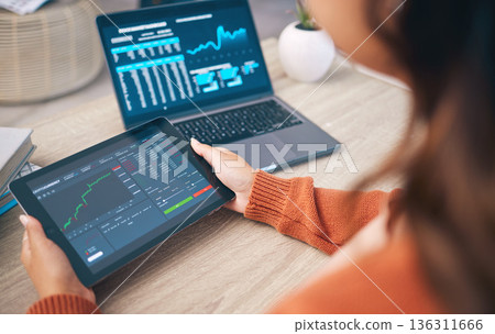 Hands of woman with laptop, tablet and data analytics for research in business management in stock market trading growth. Technology, dashboard app with graphs and charts, trader at desk in office. Hands of woman with laptop, tablet and data analytics for research in business management in stock market trading growth. Technology, dashboard app with graphs and charts, trader at desk in office. 136311666