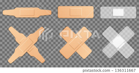 Realistic transparent and flesh colored medical plasters stuck crosswise. Perforated pharmaceutical bands. Wounds protection. Injury bandages. Vector antibacterial sticker tapes set Realistic transparent and flesh colored medical plasters stuck crosswise. Perforated pharmaceutical bands. Wounds protection. Injury bandages. Vector antibacterial sticker tapes set 136311667