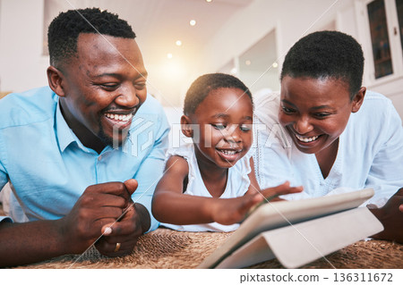 Digital happy and tablet with black family in living room for streaming, online games and elearning app. Relax, technology and internet with parents and child at home for movies, education or network Digital happy and tablet with black family in living room for streaming, online games and elearning app. Relax, technology and internet with parents and child at home for movies, education or network 136311672