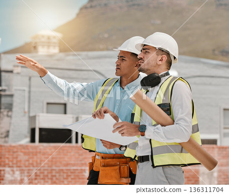 Architect planning, teamwork or people gesture at development project, building site or civil engineering. Construction worker, collaboration or engineer team cooperation on urban industrial property Architect planning, teamwork or people gesture at development project, building site or civil engineering. Construction worker, collaboration or engineer team cooperation on urban industrial property 136311704