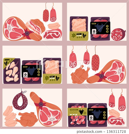 Shelves with meat products seamless pattern. Butcher shop. Beef sausages. Chicken fillet on trays. Ham and frankfurters. Vacuum wrap packaging. Butchery assortment. Vector background Shelves with meat products seamless pattern. Butcher shop. Beef sausages. Chicken fillet on trays. Ham and frankfurters. Vacuum wrap packaging. Butchery assortment. Vector background 136311728