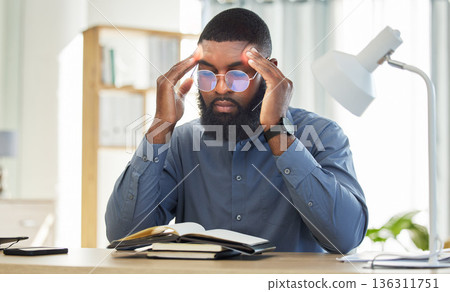 Headache, notebook or black man frustrated with stress, burnout or depression in office with glasses. Migraine, head pain or depressed businessman worried by mistake, tax risk or financial crisis Headache, notebook or black man frustrated with stress, burnout or depression in office with glasses. Migraine, head pain or depressed businessman worried by mistake, tax risk or financial crisis 136311751