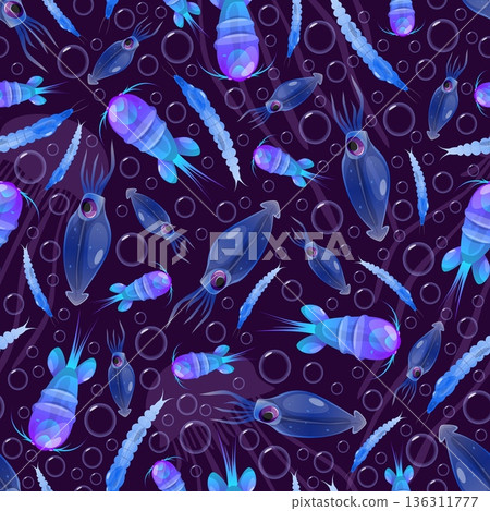 Transparent plankton seamless pattern. Tiny animal crustaceans. Phytoplankton swim in dark ocean waters. Repeated print. Marine fauna. Luminous inhabitants of seabed. Vector background Transparent plankton seamless pattern. Tiny animal crustaceans. Phytoplankton swim in dark ocean waters. Repeated print. Marine fauna. Luminous inhabitants of seabed. Vector background 136311777