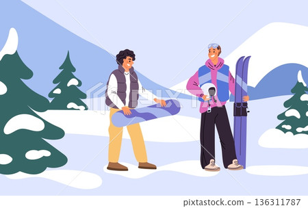 Two young men with skis and snowboard skiing on snow at mountain resort. Winter vacation. Extreme sport. Snowy downhill. Cold season travel. People recreation in nature. Vector concept 136311787