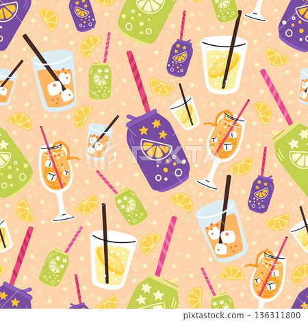 Various drinks seamless pattern. Cocktails in glasses with fruit and ice cubes. Lemonade cups. Summer bar. Repeated print. Soda can with straw. Refreshing beverages. Vector background Various drinks seamless pattern. Cocktails in glasses with fruit and ice cubes. Lemonade cups. Summer bar. Repeated print. Soda can with straw. Refreshing beverages. Vector background 136311800