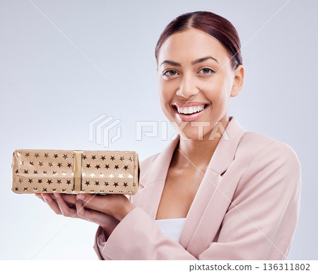 Gift, smile and portrait of business woman in studio for shopping, surprise and birthday mockup. Wow, giveaway and prize with face of person and box on white background for package and present Gift, smile and portrait of business woman in studio for shopping, surprise and birthday mockup. Wow, giveaway and prize with face of person and box on white background for package and present 136311802