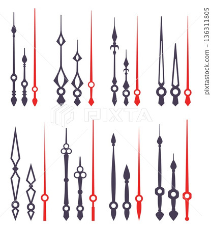 Vintage black hour and minute hands with second pointer. Decorative timepiece. Time measurement. Retro elegant design. Classic chronometer face elements. Long and short arrows vector set 136311805