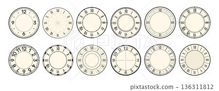 Watch faces without hands in various styles. Timer with Roman numerals. Mechanical chronometer. Retro timepiece. Accuracy clockwork. Hours countdown. Vector set of clock dials for design Watch faces without hands in various styles. Timer with Roman numerals. Mechanical chronometer. Retro timepiece. Accuracy clockwork. Hours countdown. Vector set of clock dials for design 136311812