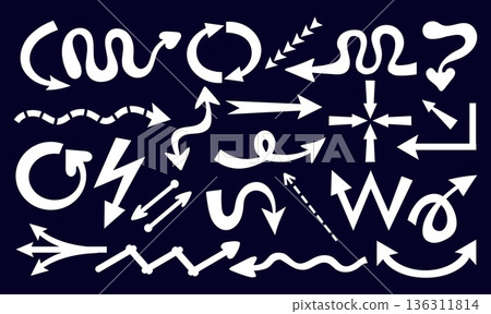 White arrows of various shapes and types. Wavy and dotted lines. Twisted direction. Navigation and orientation symbols. Right or left motion. Vector set of pointers on dark background White arrows of various shapes and types. Wavy and dotted lines. Twisted direction. Navigation and orientation symbols. Right or left motion. Vector set of pointers on dark background 136311814