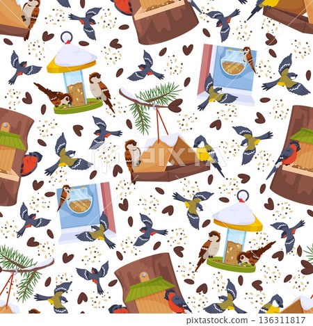 Winter bird feeders seamless pattern. Animals shelters with food. Tits and bullfinches peck at grain. Sparrows fly. Repeated print. Feeding seeds. Park birdwatching. Vector background Winter bird feeders seamless pattern. Animals shelters with food. Tits and bullfinches peck at grain. Sparrows fly. Repeated print. Feeding seeds. Park birdwatching. Vector background 136311817