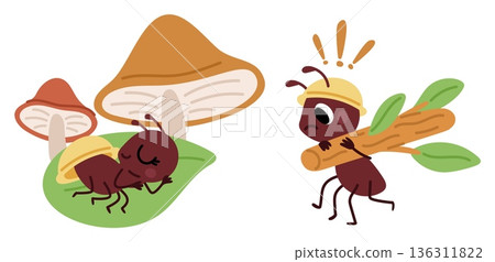 Working insect and lazy ant sleeping under mushroom. Workaholic arthropod carrying leaves stick to anthill. Pismire relaxation. Hardworking creature. Bug cartoon characters vector set Working insect and lazy ant sleeping under mushroom. Workaholic arthropod carrying leaves stick to anthill. Pismire relaxation. Hardworking creature. Bug cartoon characters vector set 136311822