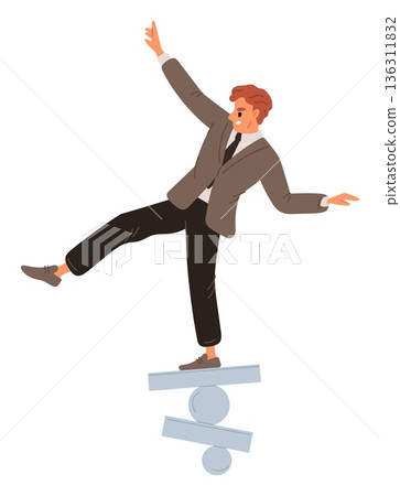 Young businessman tries to maintain balance while standing on board with struggle. Unstable position. Management risk. Leadership challenge. Vector concept of balance and equilibrium 136311832