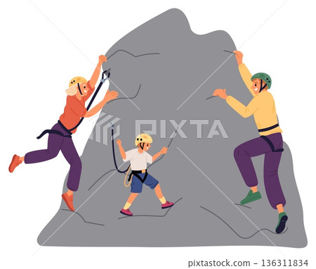 Young family climbing on stone mountain. Man and woman together with child clambering rock. Parents and kid mountaineering. Extreme leisure. Active hobby. Climb equipment. Vector concept 136311834