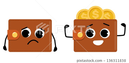 Cheerful cartoon wallet with gold coins. Sad empty pocket. Poverty and financial prosperity. Full purse. Character smile or upset faces. Leather bag for cash. Vector savings pouches set 136311838