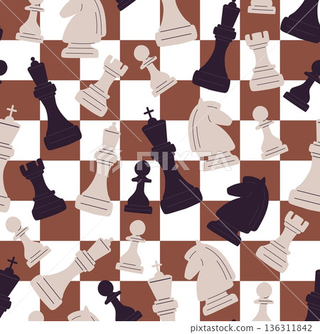 Chessboard with black and white chess pieces seamless pattern. Chessman competition. Repeated print. Logic challenge. Grandmasters checkmate. Bishop at checkerboard. Vector background Chessboard with black and white chess pieces seamless pattern. Chessman competition. Repeated print. Logic challenge. Grandmasters checkmate. Bishop at checkerboard. Vector background 136311842
